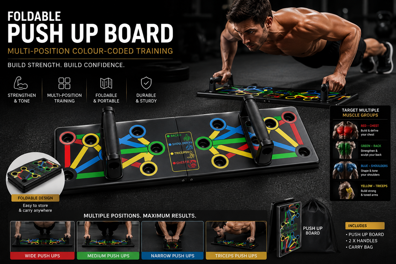 Foldable Push Up Board – Multi-Position Colour-Coded Home Gym Training Board with Handles