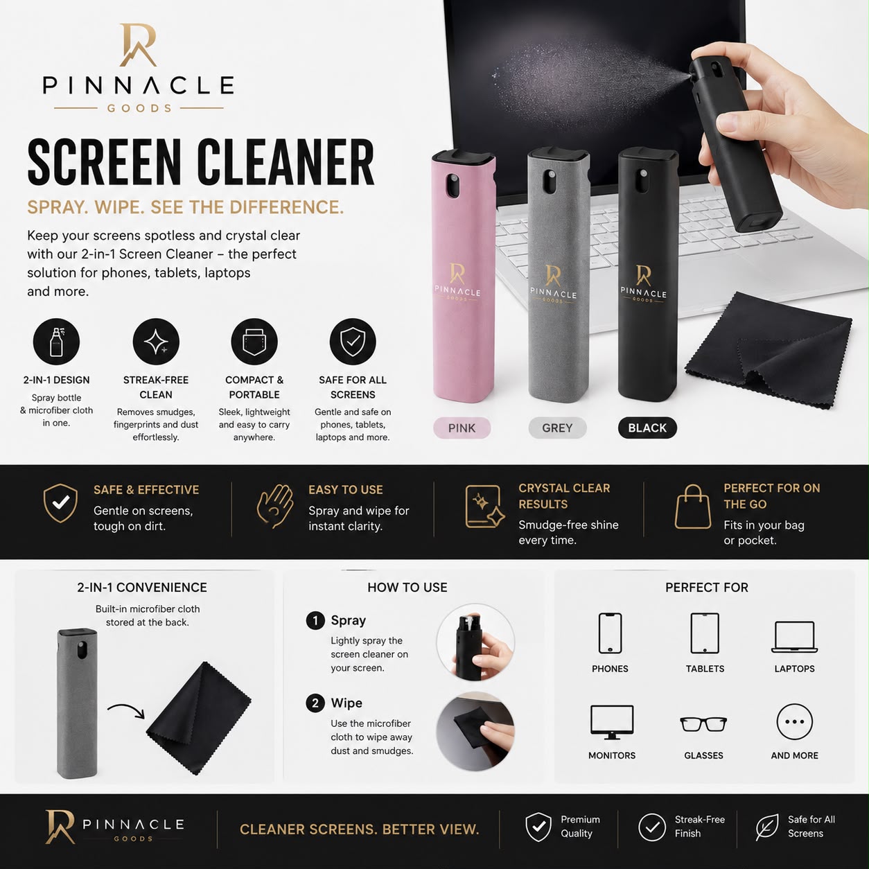 Pinnacle Screen Cleaner™ 2-in-1 Spray & Microfiber Cleaner