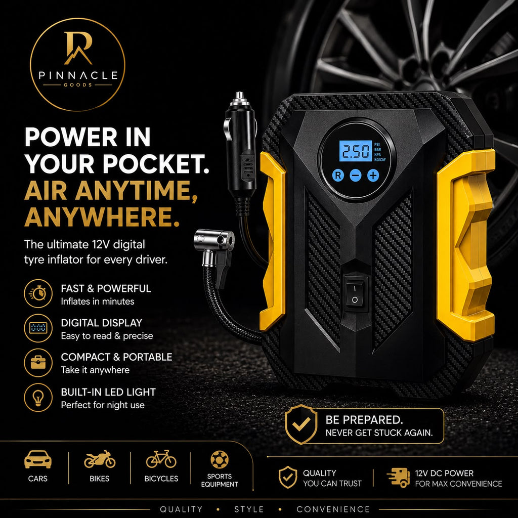 Pinnacle Goods 12V digital tire inflator with a black and yellow rugged design, digital display screen, and attached air hose, shown on a dark background with a blurred car wheel and promotional text.